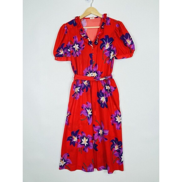 Candi‎ Jones Vintage 60s Red Floral Short Sleeve Secretary Dress Womens Small - Picture 1 of 15